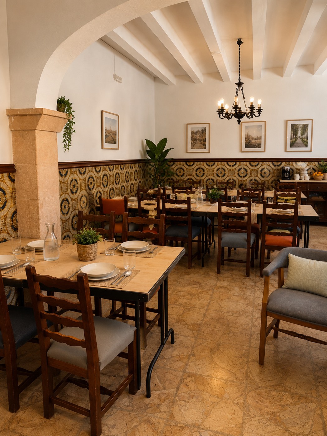 Comedor de la residencia con mesas de madera y azulejería castellana