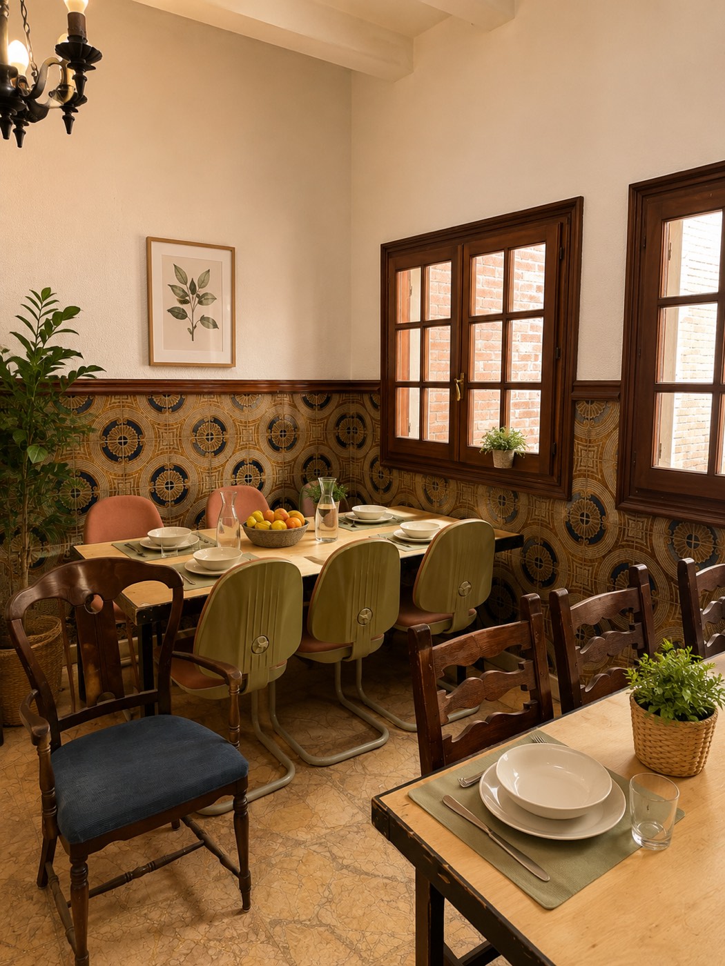 Comedor común con mesas puestas y sillas de madera