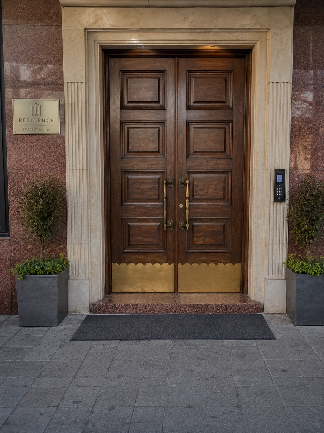 Portón de madera de la entrada de Ola Living Valladolid, con control de acceso, en el centro de Valladolid