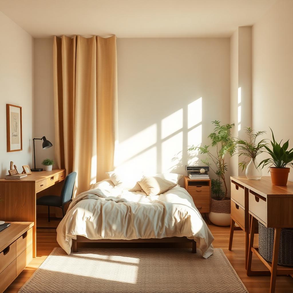 Habitación individual luminosa con cama vestida en tonos claros, escritorio y luz natural de la mañana
