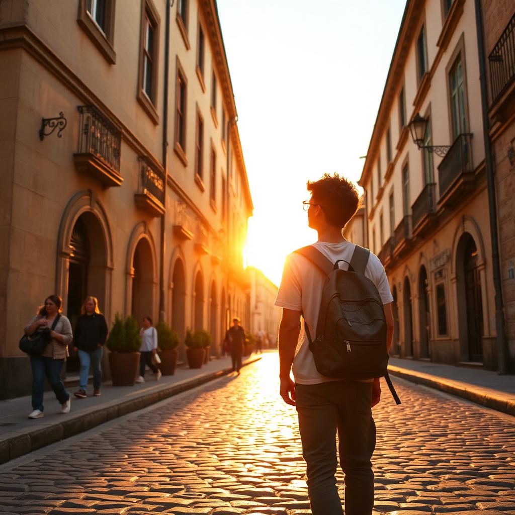 Estudiante con mochila caminando por una calle empedrada del centro de Valladolid al atardecer