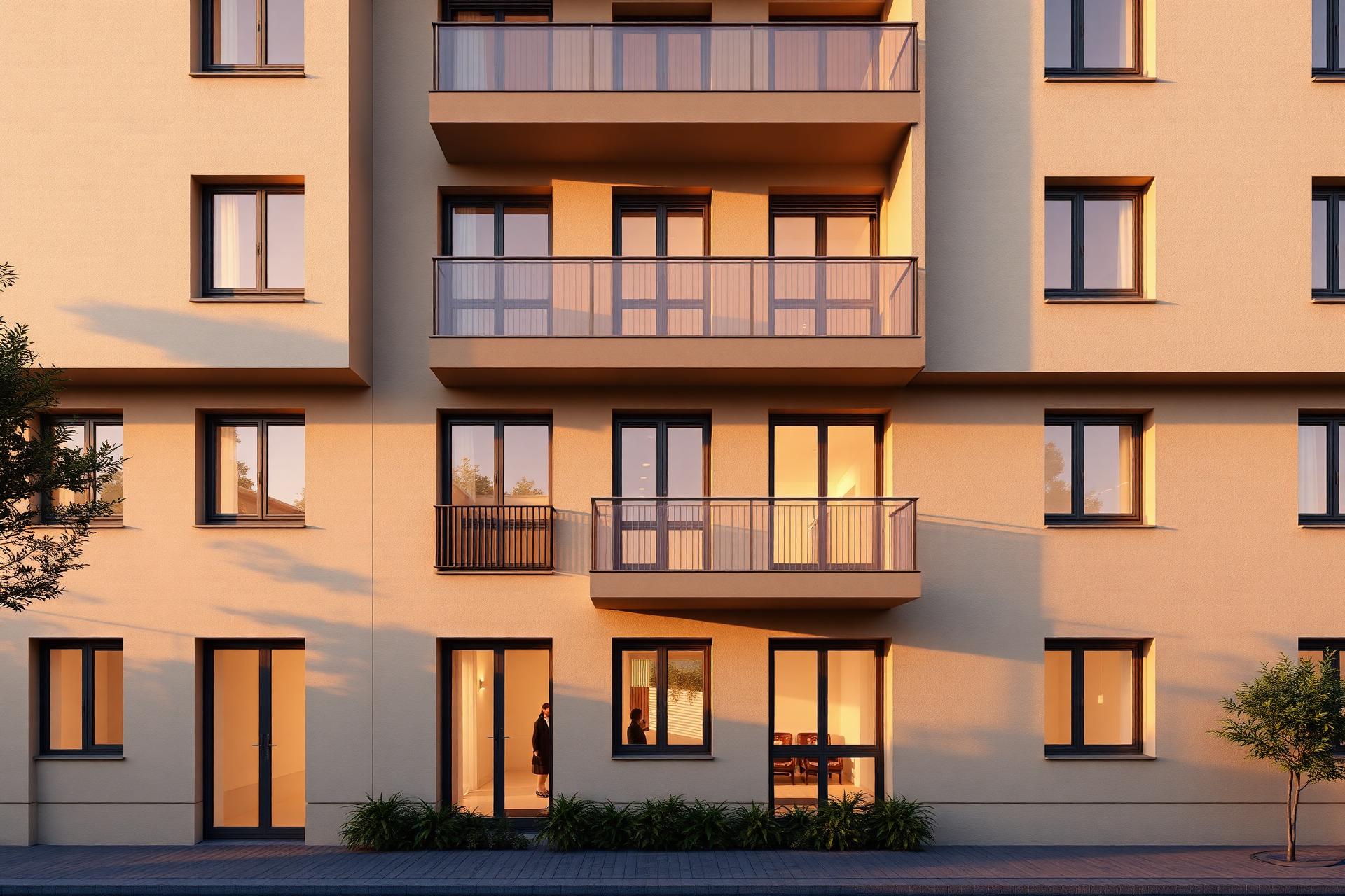 Fachada de Ola Living Valladolid al atardecer, con balcones y ventanas iluminadas en el centro de Valladolid
