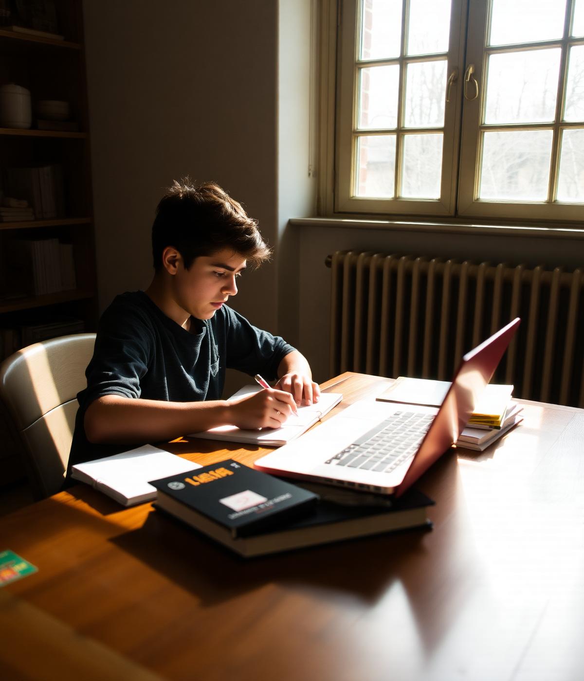 Estudiante trabajando con un portátil y apuntes en un escritorio junto a la ventana