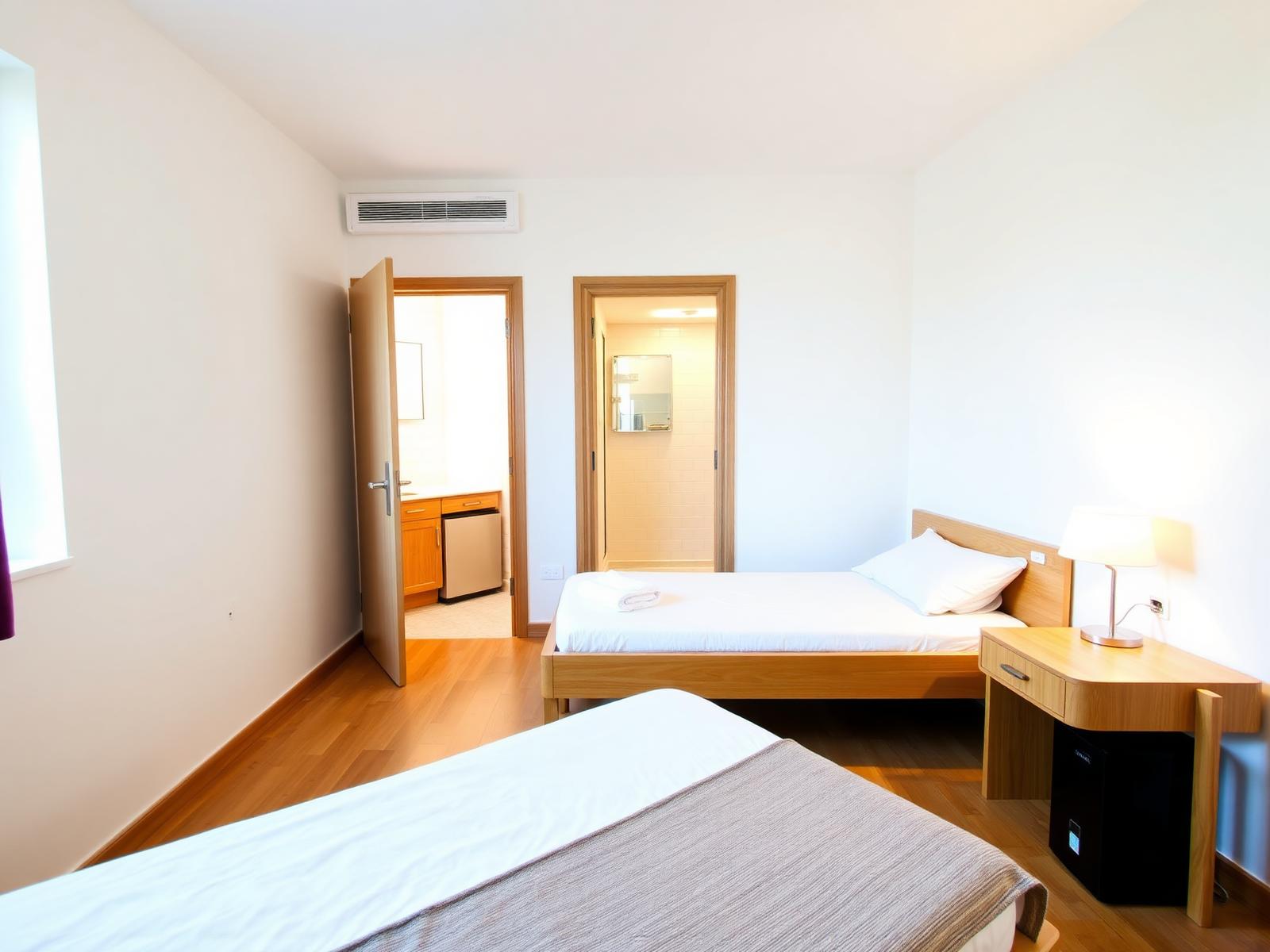 Habitación doble con dos camas individuales, mesilla y acceso a baño, orientada al interior del edificio
