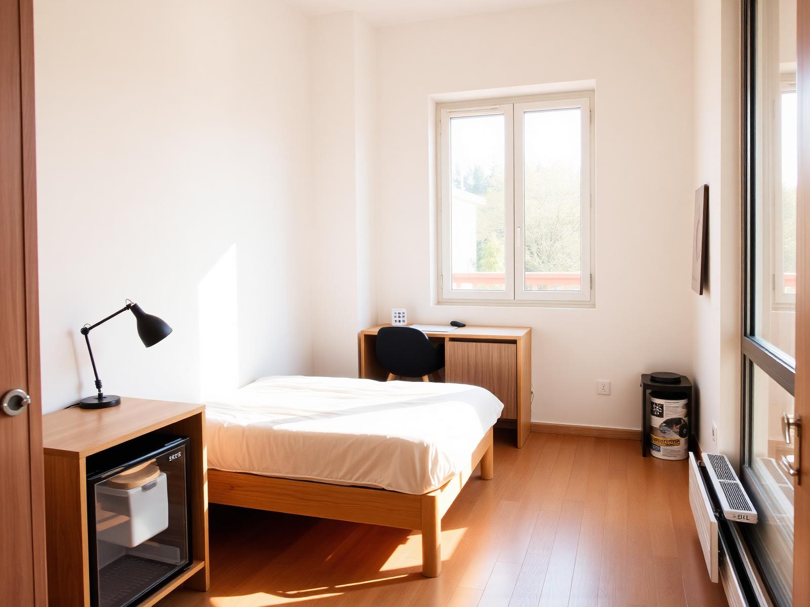 Habitación individual con cama, escritorio de madera, lámpara y mininevera junto a una ventana luminosa